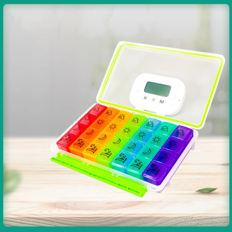 

smart timekeeping pill box weekly 7 days 28 grids pill organizer portable time function grid pill case remind timer pill case