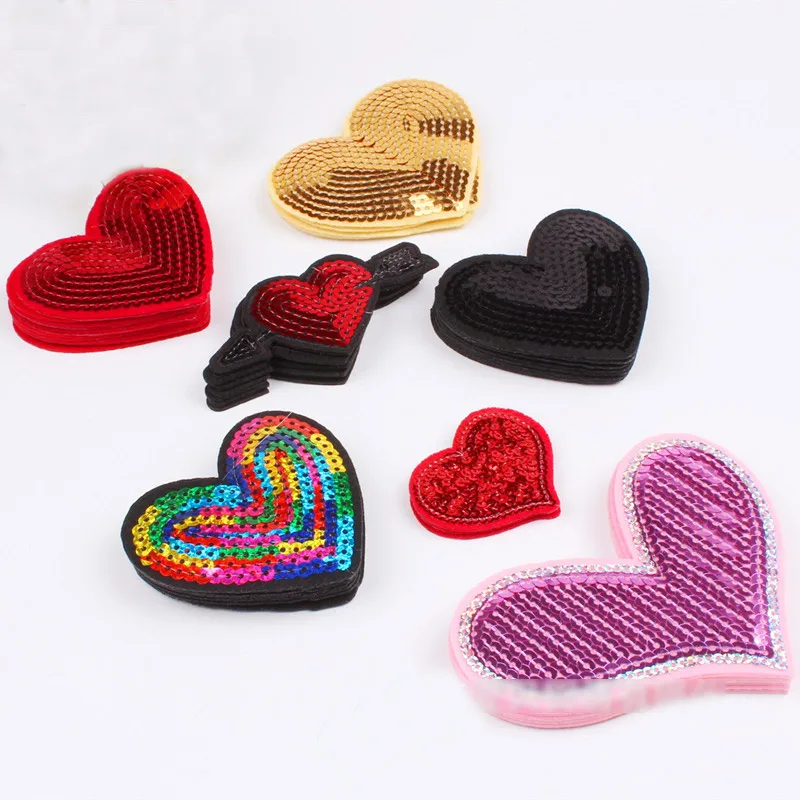 1Pc Sequin Heart Patch Iron on Clothing Red Black colorful Sticker for Clothes Jeans Appliques Coat Pants Badge Sewing Patches