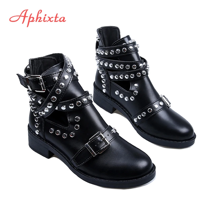 Aphixta Rivets Black Ankle Women Boots Faux Leather Booties Metal Buckle Straps Square Heel Studded Woman Boots Motorcycle Shoes