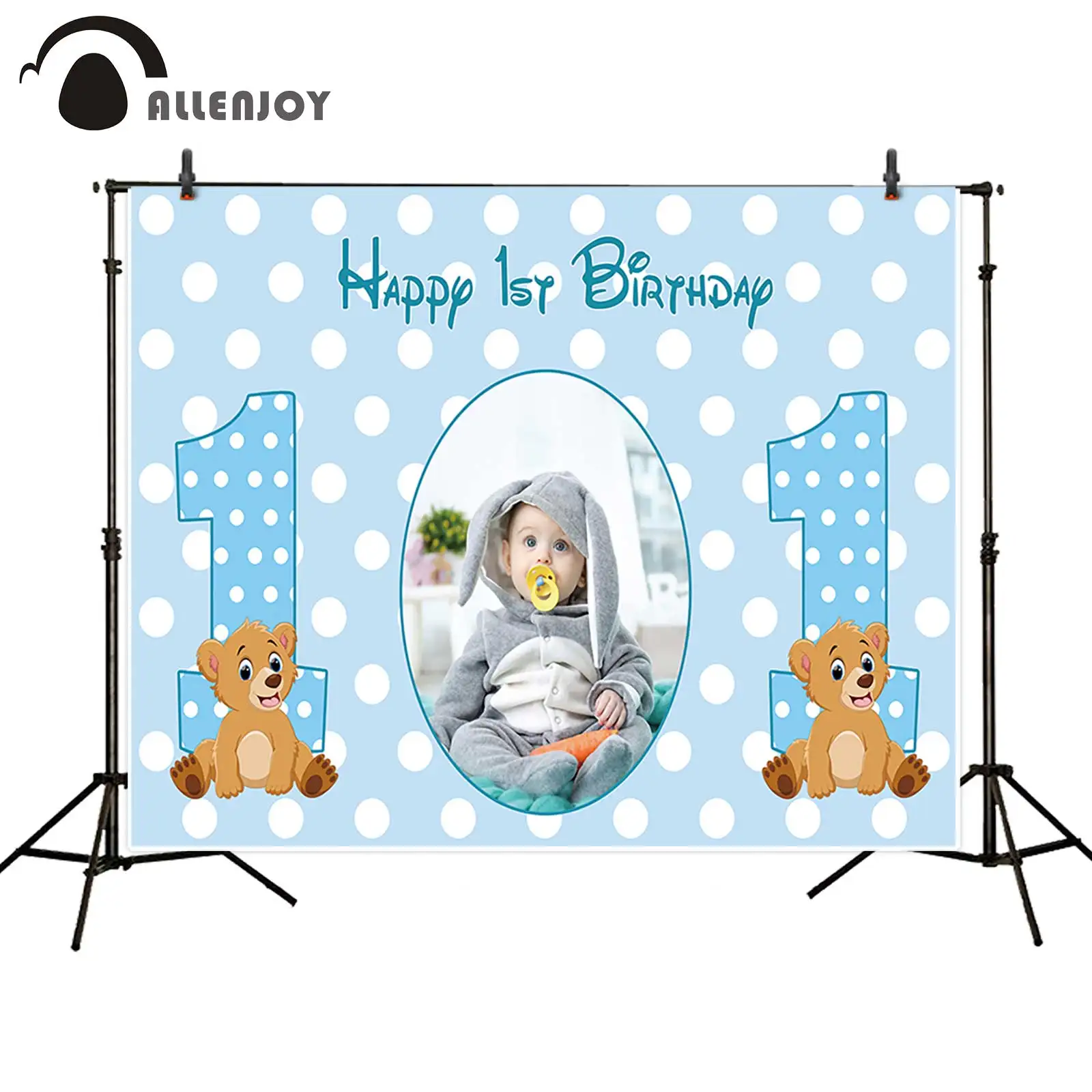 Allenjoy Happy First Birthday Party Photozone Blue Dot Decoration Photo Background Baby Shower Custom Banner Curtains Photozone