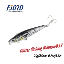 FJORD Glitter Sinking Minnow 85mm 20g Hard Fishing Lure 3X Hooks Flat Body Artifical Fin Fishing Tackle