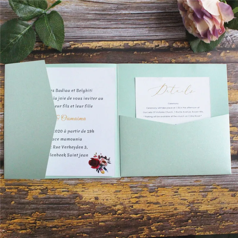 Light green pocket wedding invitations making macaroon colors party invites supply customized printing