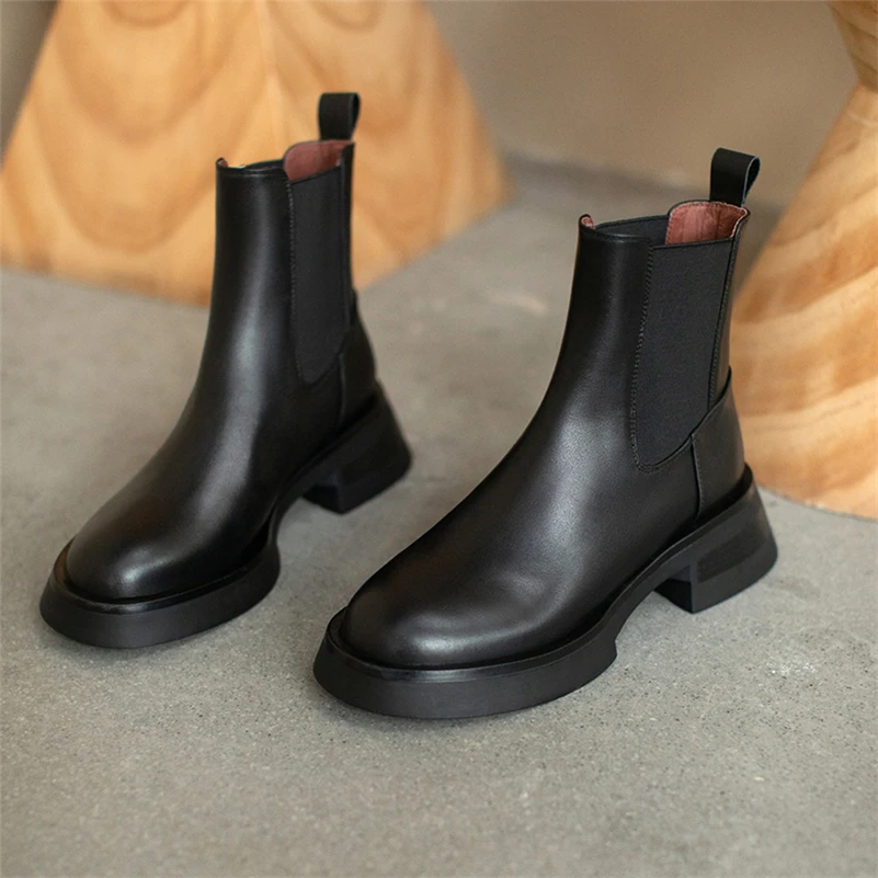 Meotina Women Shoes Genuine Leather Chelsea Boots Round Toe Ankle Boots Thick Med Heel Ladies Footwear Autumn Winter 39 Fashion