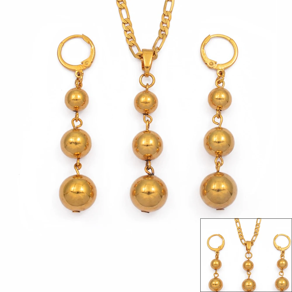 Anniyo Gold Color 3 Ball Jewelry sets Beads Pendant Necklaces Earrings for Women Arab African Ethiopian Jewelry #106406