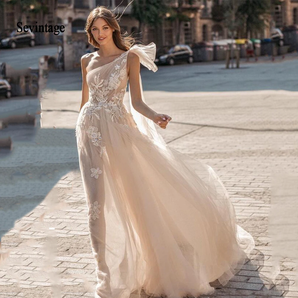 Sevintage Berta-vestidos De Novia bohemios con apliques De encaje, Vestido De Novia De playa De un hombro