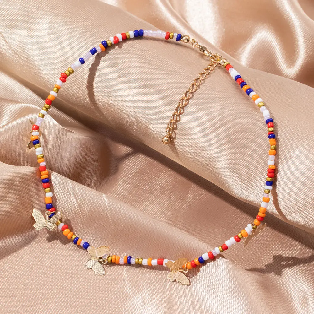 KISS WIFE Y2K Style Flower Beaded Necklace for Women Bohemian Colorful Short Beaded Pearl Choker Necklace Female Jewelry