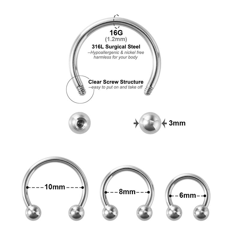 Diamday, 10 stuks, 6-12 mm, 316L stalen neusringen, septumpiercing, kraakbeen hoepels, segmentring, lichaamspiercing, neusring, lipringen