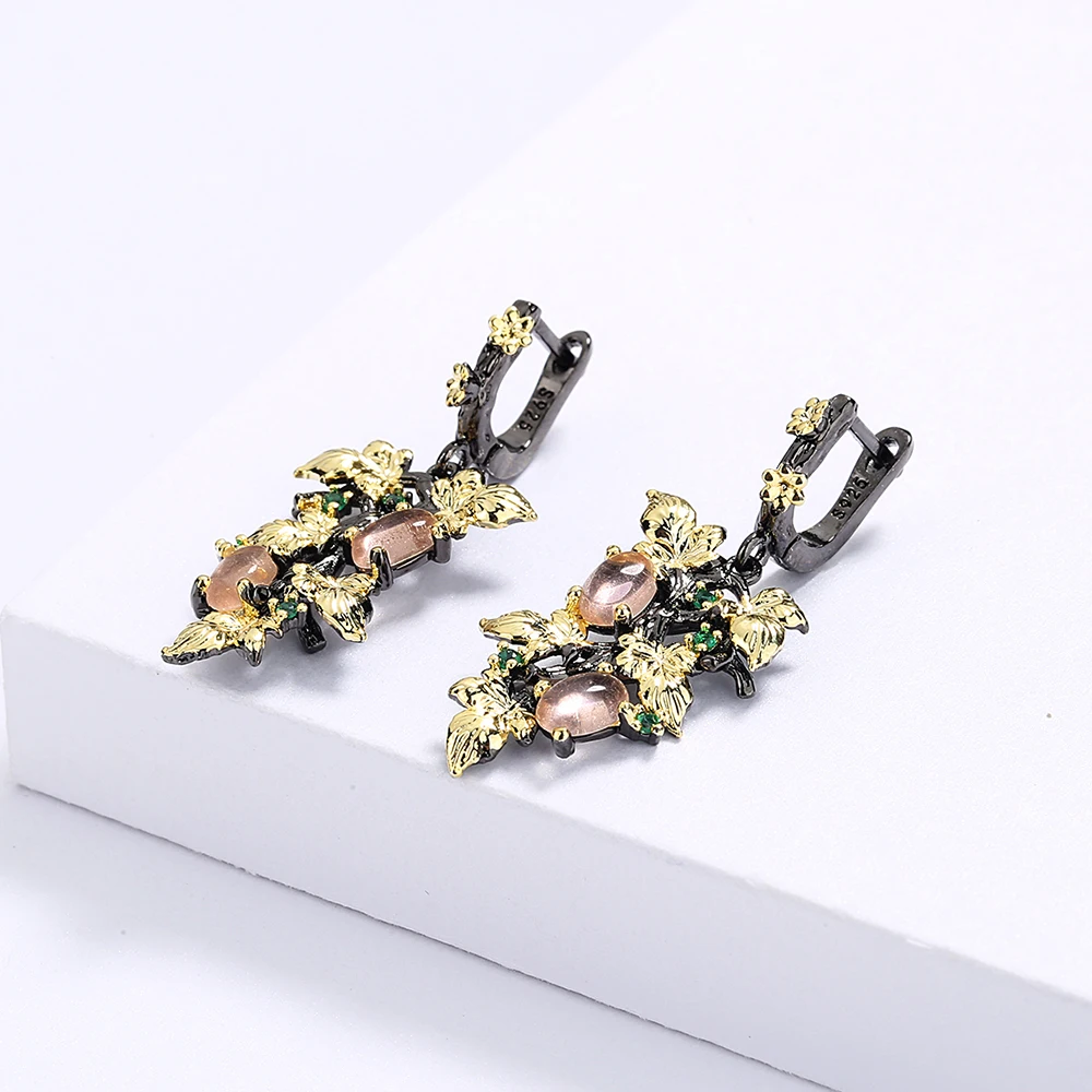 High Quality Elegant Black Gold Transparent Egg-Shape Gemstone Flower Earrings For Women Birthday Party Jewelry Gift