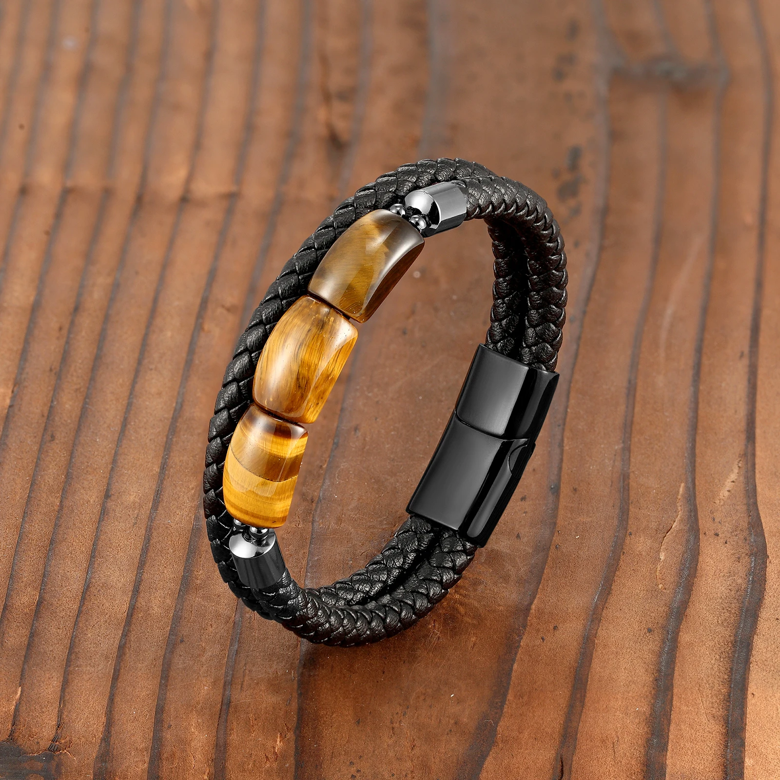 Moon Shape 100% Natural Tiger Eye Stone Vintage Jewelry Leather Rope Charm Bracelet 316L Stainless Steel Unisex Bracelet