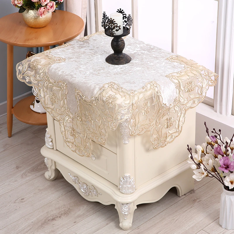 European Water Soluble Lace Square Tablecloth Refrigerator Washing Machine Bedside Table Cloth Dust Velvet Fabric Cover Tapete