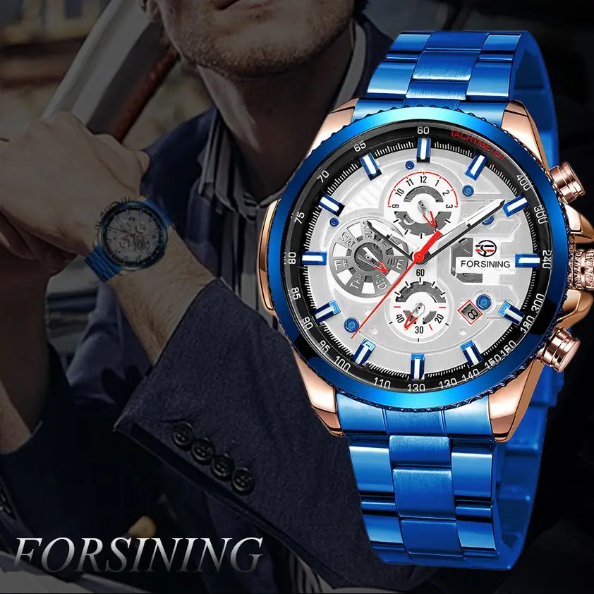 

Forsining Men's Watches Waterproof Multifunctional Automatic Mechanical Watch Fashion Blue Business Dress Wristwatch Man Relogio