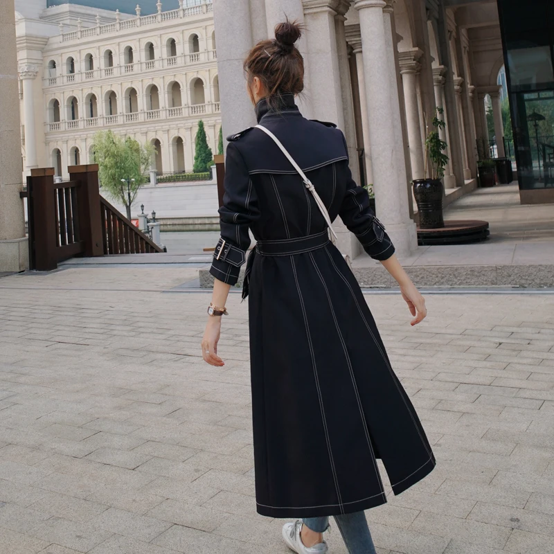 

Fashion Pop England Style Slim Long Women Trench Coat Black Double-Breasted Office Lady Duster Coat Female Outerwear Clothes