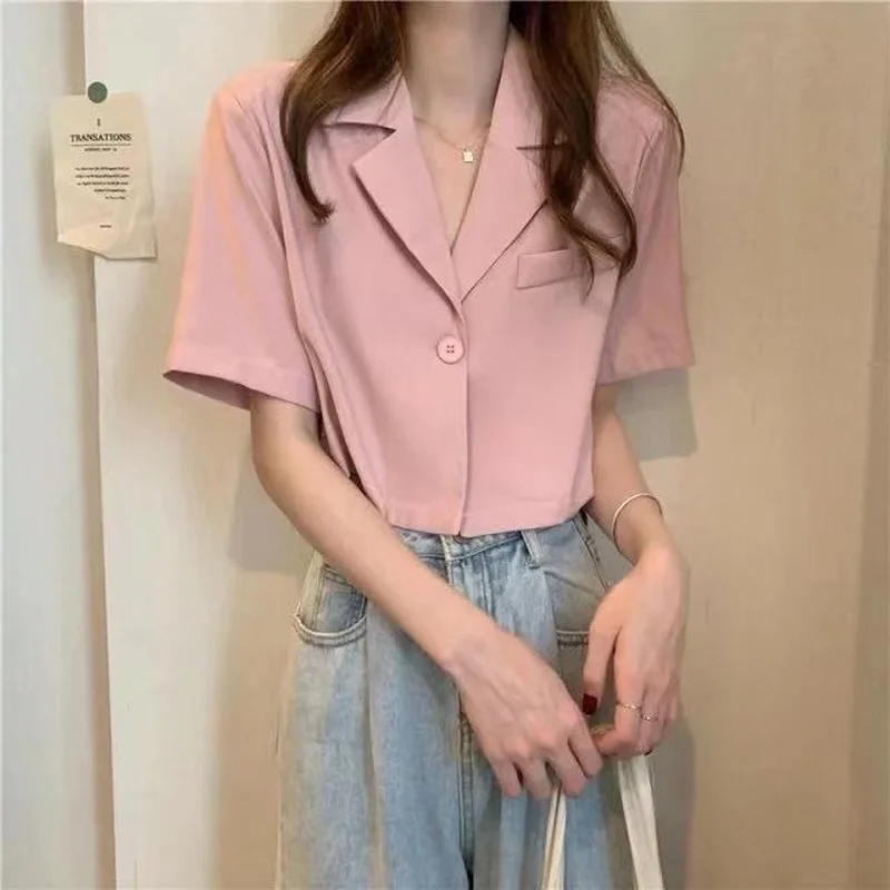 Shirts Women Chic Elegant Solid Office Ladies Summer Cropped Slim Popular Single Button Mujer Blusas Simple All-match Streetwear