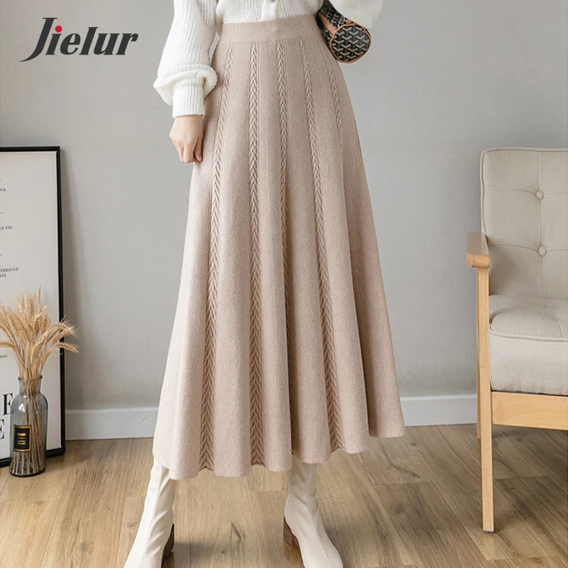 Jielur New Korean Knitted Skirt Female High Street Fashion Thick Coffee Black Pleated Skirts Warm Autumn Winter Women Long Skirt