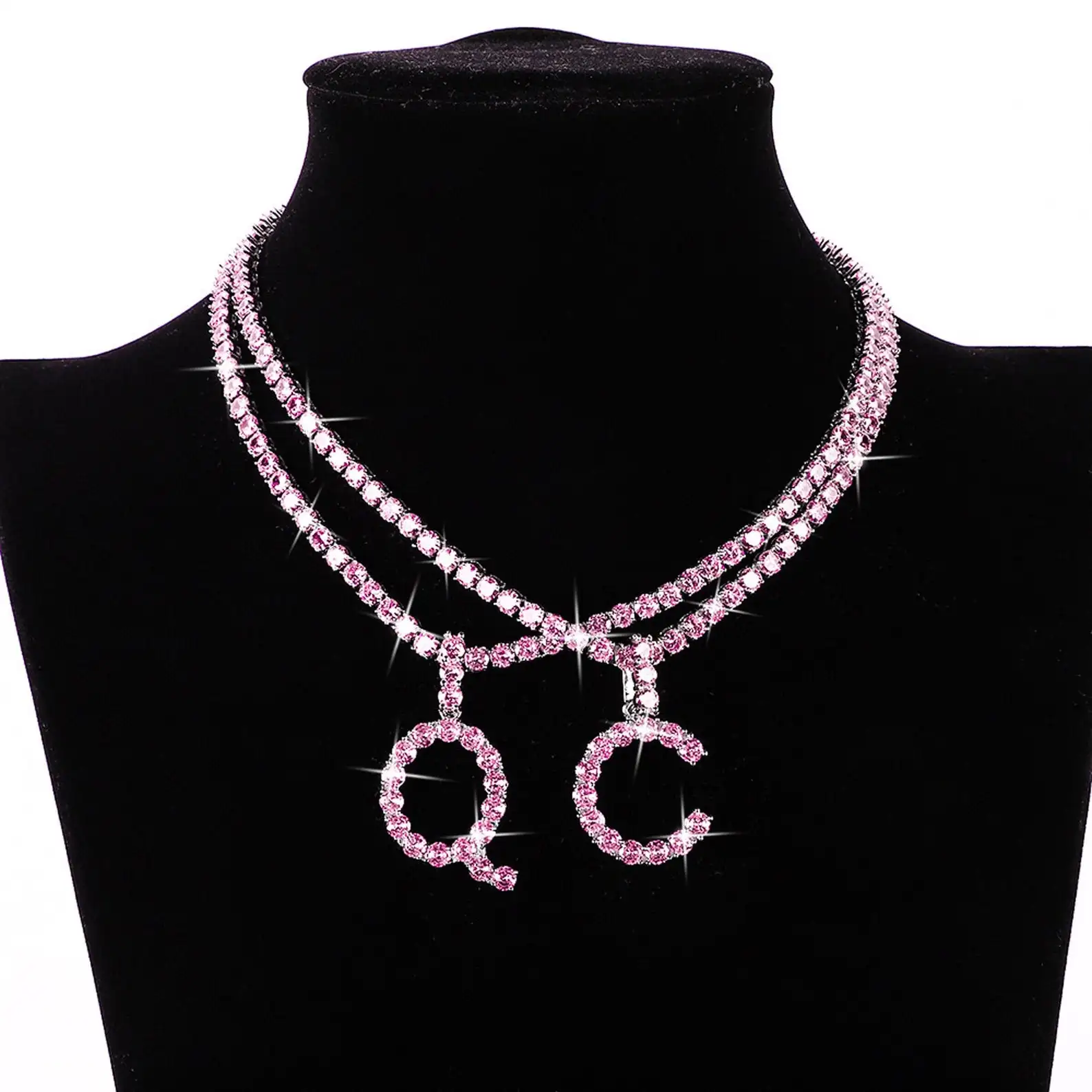 Bling Iced Out Rhinestone Tennis Chain Letter Pendant Necklace For Women Luxury Pink Crystal Initial Choker Necklace Jewelry