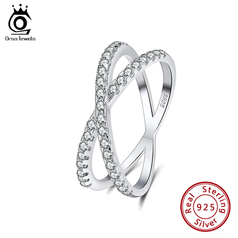 

ORSA JEWELS Real 925 Sterling Silver X Shaped Ring AAAA Cubic Zirconia Classic Double Ring for Women Fashion Party Jewelry SR240