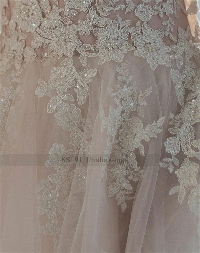 Vestidos de novia rosa claro delicados, Vintage, manga larga, encaje, 2021 cuentas, perlas, línea A, botones, cremallera