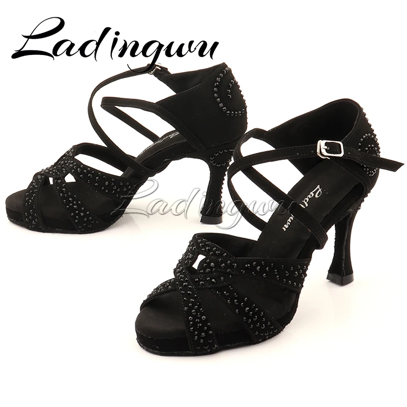 Ladingwu Black Rhinestone Dance Shoes Latin Dance Shoes Black Suede Salsa Dance Shoes Internally Increased Platform Shoes