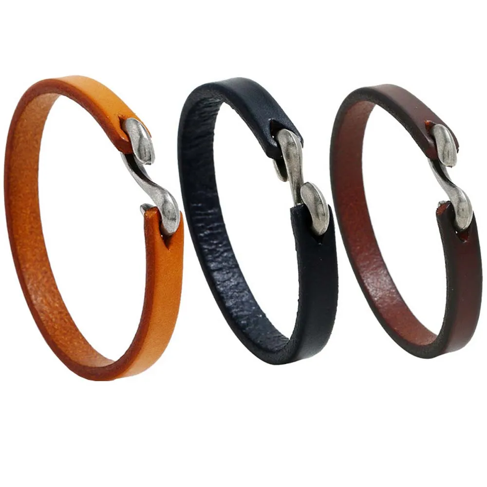 hot sale Men Bracelet Vintage Black/Brown Genuine Leather Hook Bracelet Men Wristband Bangles Male Jewelry 20cm/21.5cm