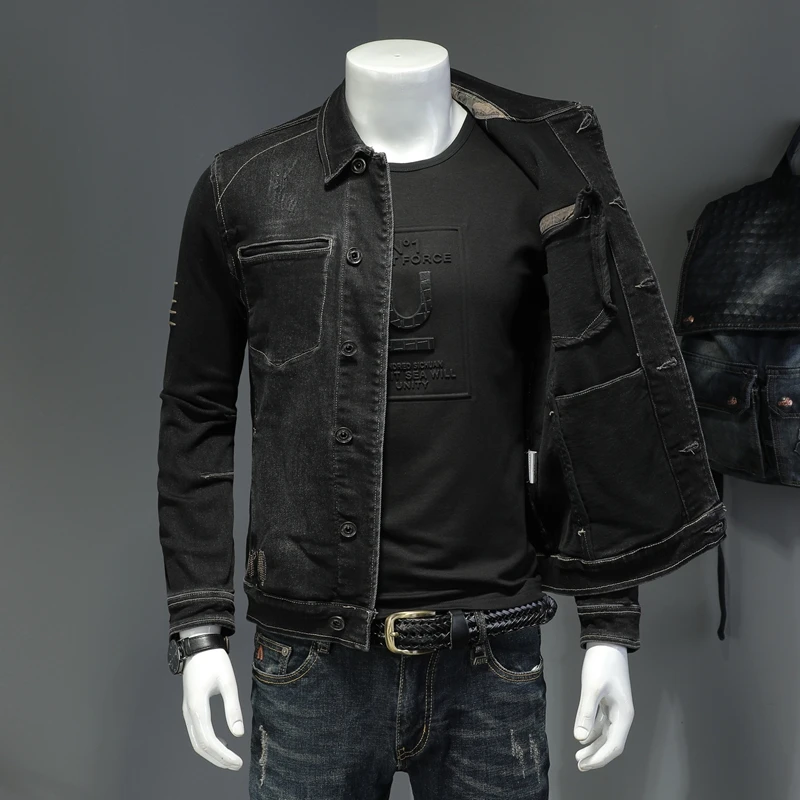 Veste en Denim à manches longues pour homme, mode noire décontractée, col rabattu brodé, simple boutonnage, Slim, rétro, printemps et automne