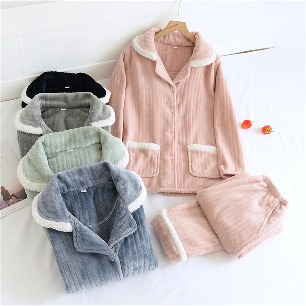 New Coral Fleece Pajamas Women's Autumn And Winter Long-Sleeved Home Furnishing Clothes Flannel Thickened Plus Velvet Warm Suit