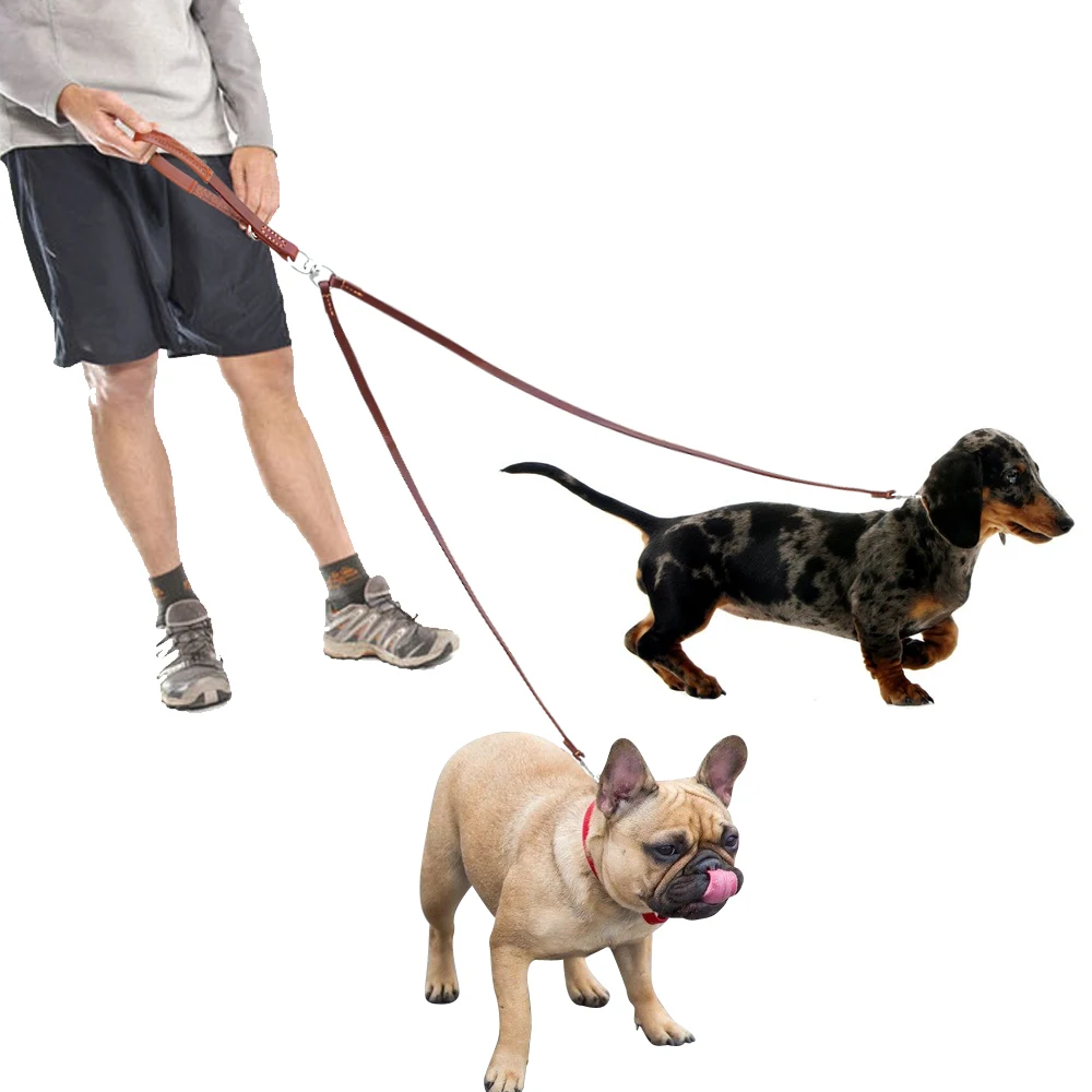 Double Dog Leash Genuine Leather Dual Dog Leash 360 Swivel No Tangle Walking & Training Leash For Two Dogs Soft Handle