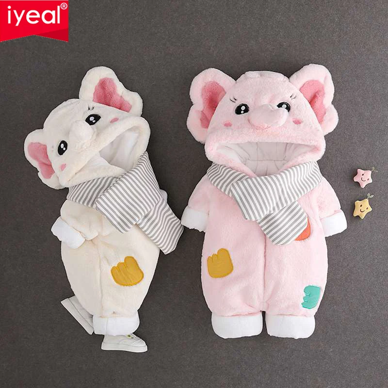 

IYEAL Kids Winter Romper Warm Flannel Plush Jumpsuit + Bib Toddler Girl Boy Animal Costume Hooded Newborn Baby Elephant Overalls