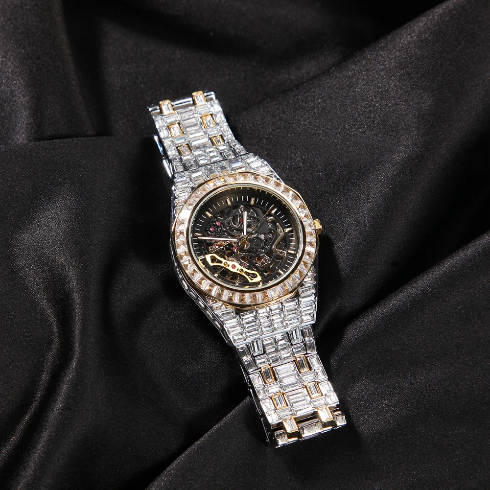 THE BLING KING Stainless Steel Mechanical Watch Iced Out Minimalist Square Diamond Wrist Double Color Watches For Men