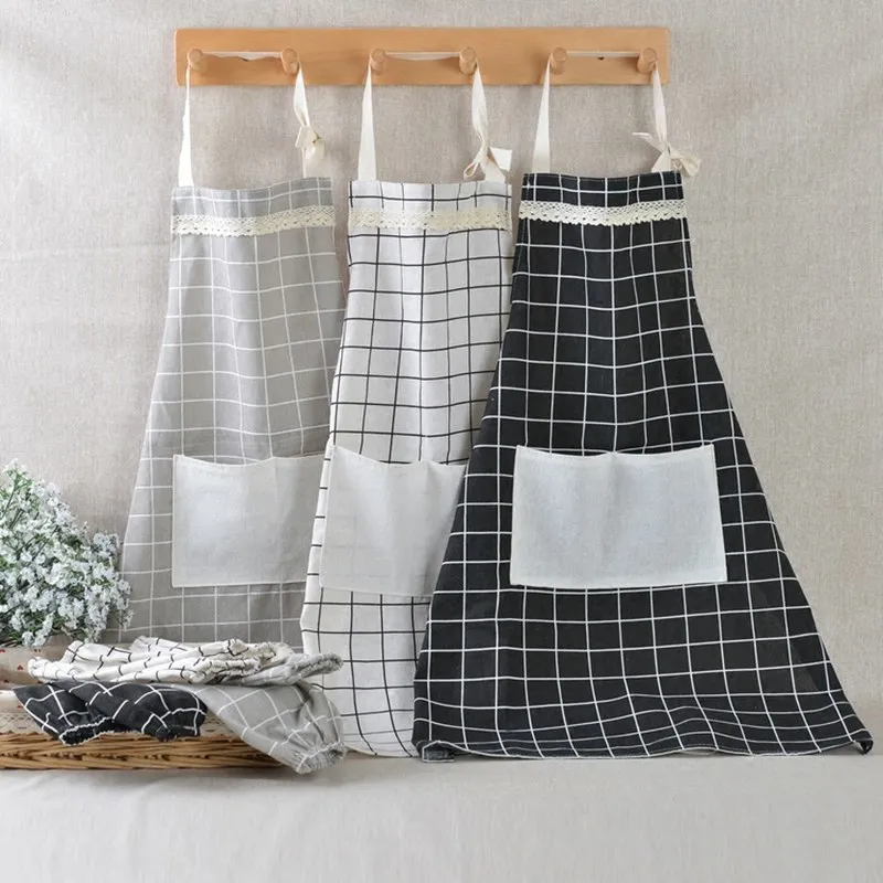 Plaid Pattern Cotton and Linen Apron Fashion Lace Edge Double Pockets Sleeveless Adult Gown Kitchen Cafe Store Florist Apron