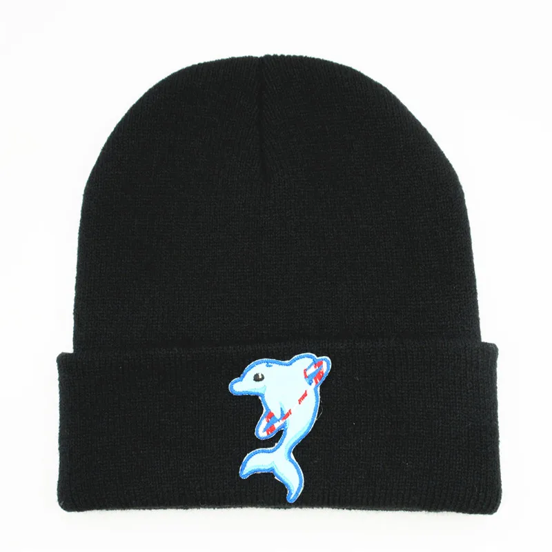 

Cotton Dolphin Animal Embroidery Thicken Knitted Hat Winter Warm Hat Skullies Cap Beanie Hat for Men and Women 397