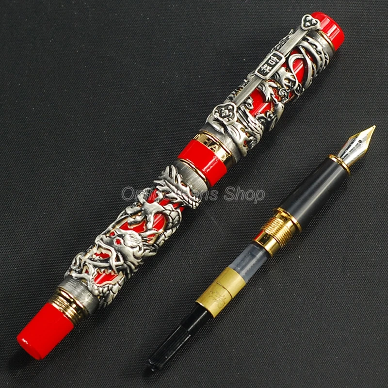 Jinhao Great Dragon Phoenix Fountain Pen, Metal Carving Embossing Heavy Pen, Noble Gray & Red For Writing Gift Fountain Pen