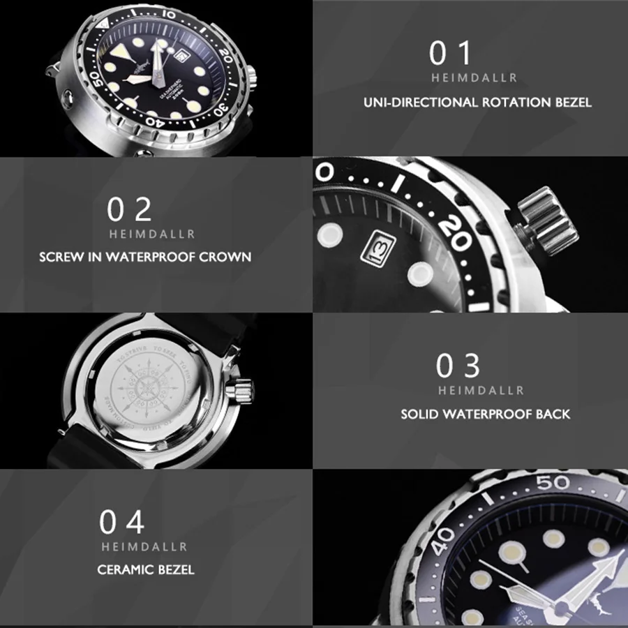 200m waterproof watch men,mens sport dive wrist watches HEIMDALLR luxury brand automatic mechanical wristwatch military relogio