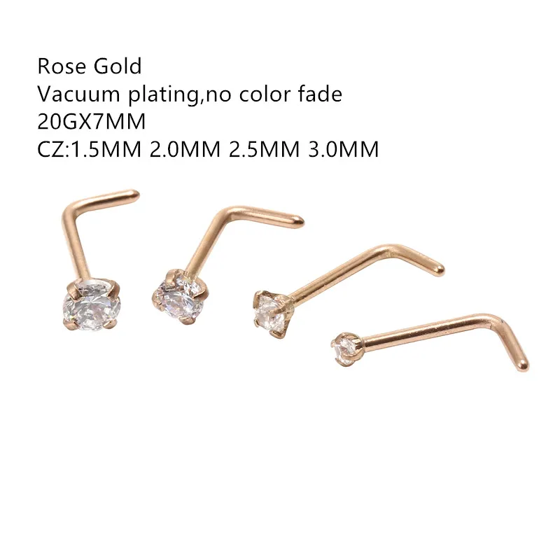 50pcs/Lot 20G  Rose Gold Color CZ Nose Stud Screw Surgical Steel Nose Ring Body Piercing 1.5mm 2mm 2.5mm 3mm L Shape Shine