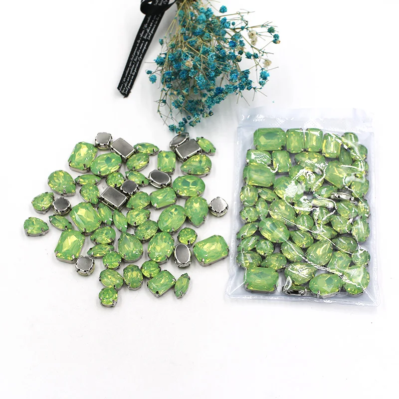 NEW 50pcs / bag mixed shape resin Light Green rhinestones faltback sew on rhinestone clothing earrings necklace accessories