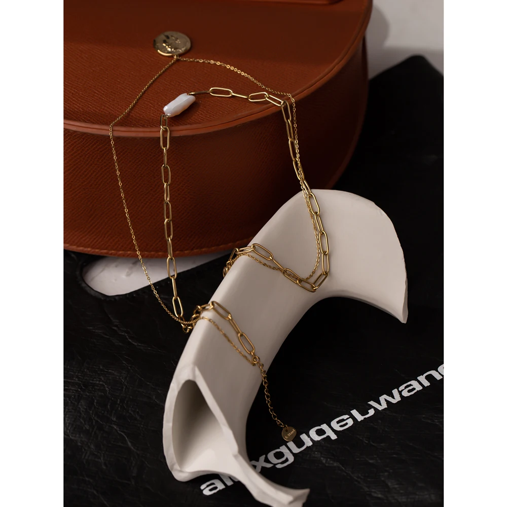 Yhpup New Stainless Steel Chain Layered Necklace Fashion Coin Portrait Necklace for Women Elegant Natural Pearl Jewelry Gift