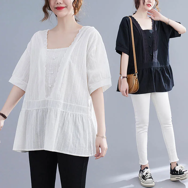 

140Kg bust 144cm women's summer short-sleeved jacquard sweet shirt 6XL 7XL 8XL 9XL loose square-neck lace shirt