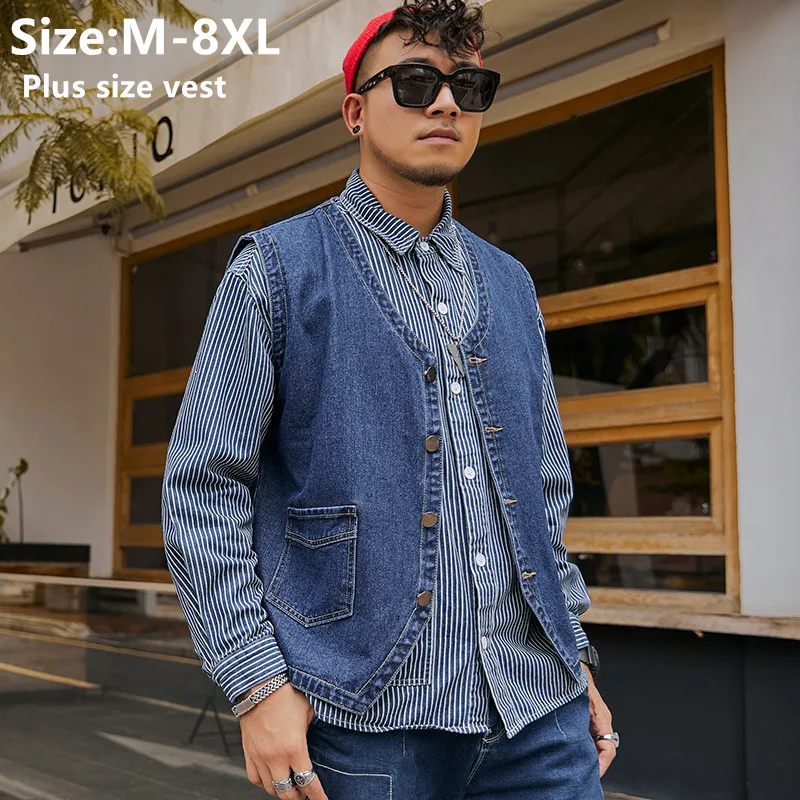 Denim Waistcoat Men Sleeveless Jacket 8XL 7XL Casual Plus Size 6XL 5XL Jean Loose Boys Black Blue Motorcycle Vest Streetwear