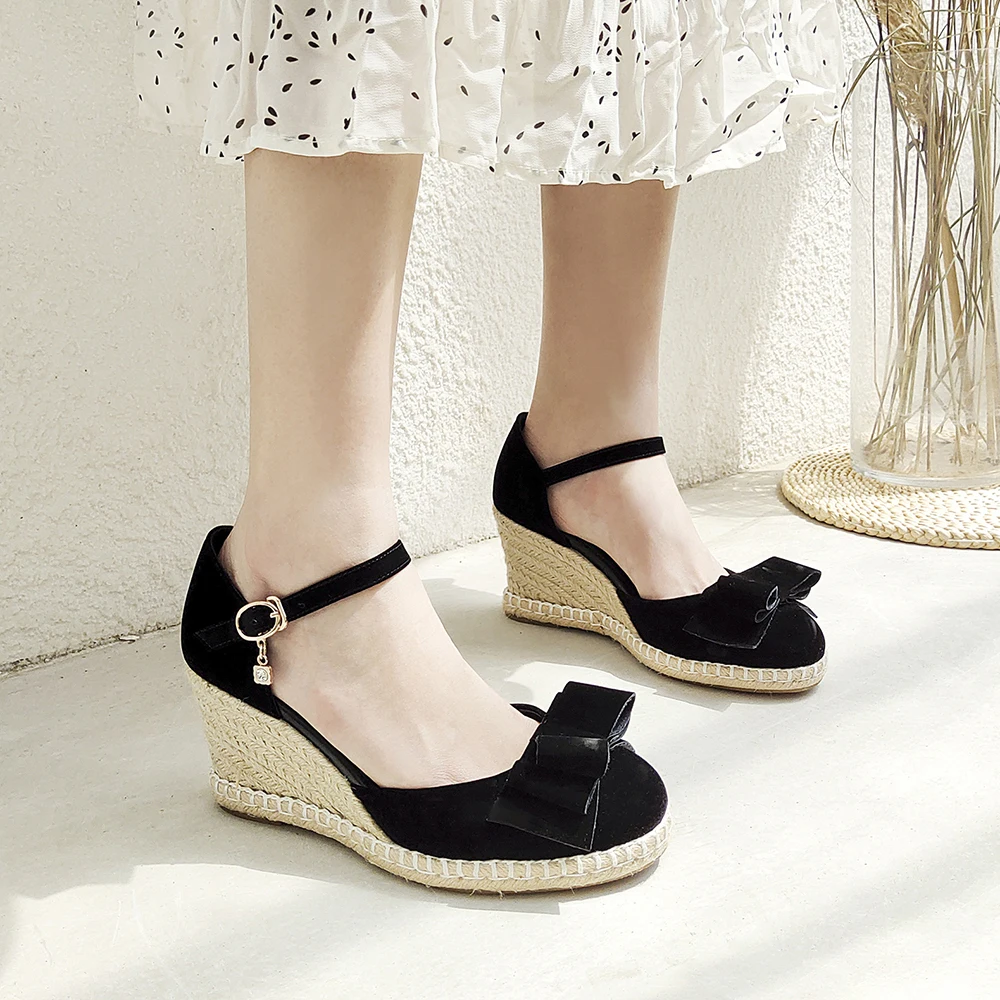 Women Bow Tie Espadrilles Leisure Wedges High Heels Lady Pumps Foothold Shoes Heel Slip On Round Toe for Femme Chaussures 32 33