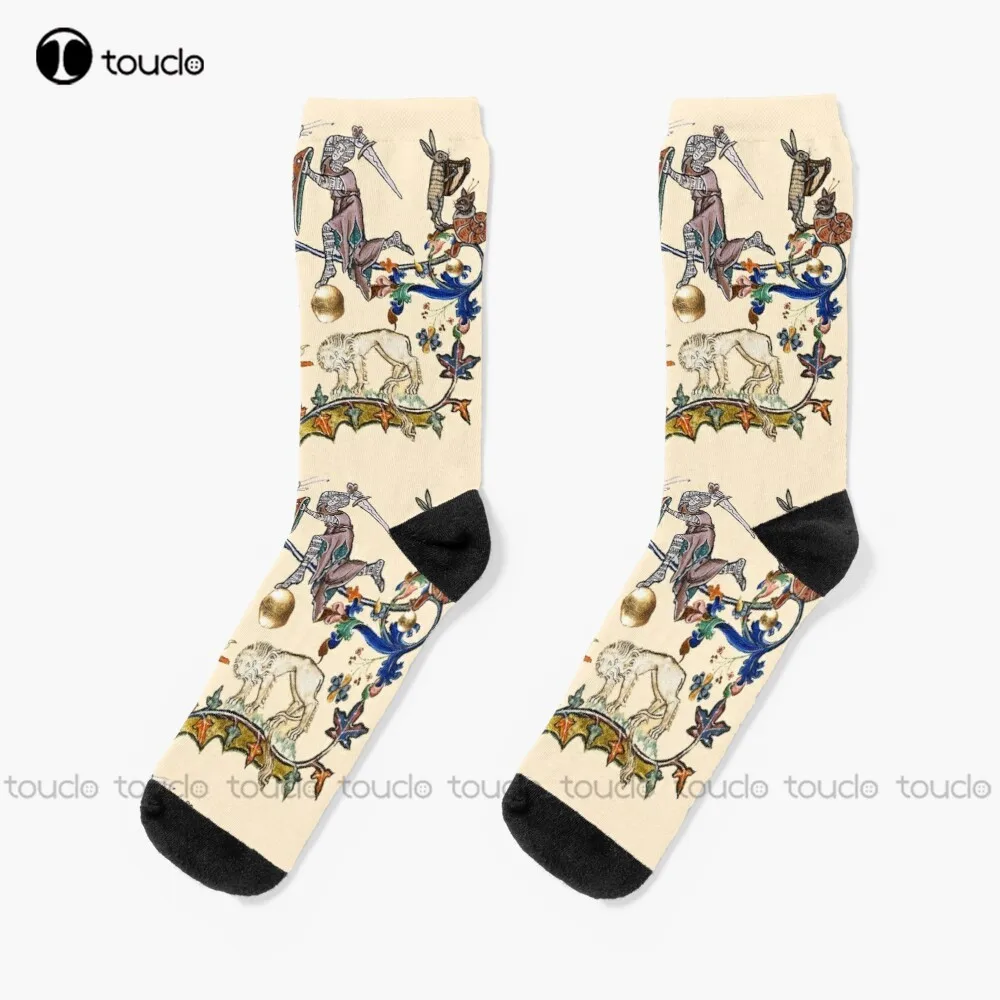 Medieval Knight Fighting Snaildragon And Lion Socks Girls Crew Socks Personalized Custom Unisex Adult Teen Youth Socks