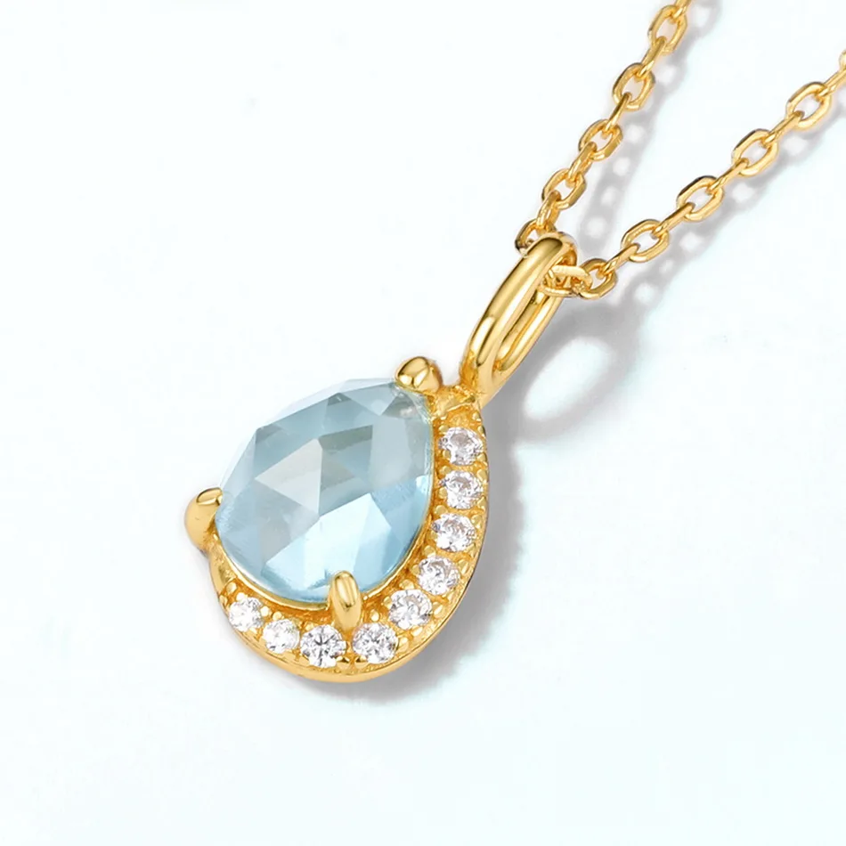 ALLNOEL 925 Sterling Silver Pendant Necklace For Women Natural Waterdrop Sky Blue Topaz Gold Plated Dainty Fine Jewelry Gift New