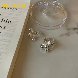 QMCOCO Silver Color Simple Square Ring Women Trendy Elegant Creative Design Smooth Round Beads Birthday Party Jewelry Present