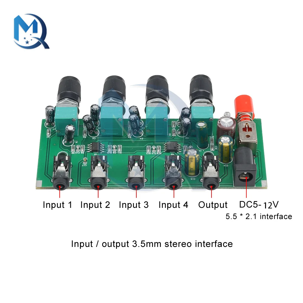 DC5-12V AU-401 2/4 Channel Audio Signal Mixing Board Module  Stereo Output Audio Mixer Drive Headphone Amplifier Board + Shell