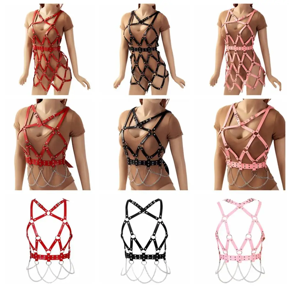 

Metal Chain Accessories Punk Leather Gothic Style Garters Harness Women Belt Adjust Waist Size Suspender Costume Fetish Lingerie