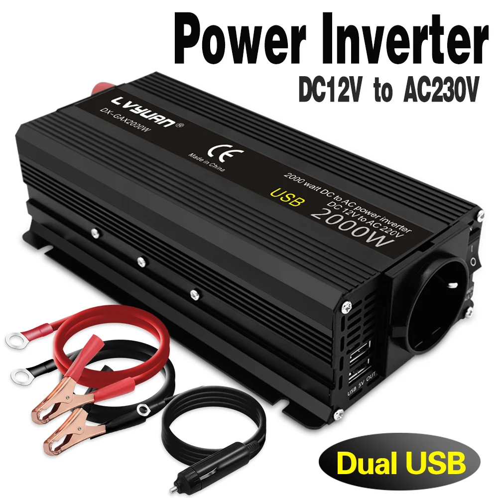 Inverter 12V 220V 2000W Peak Power Car Inverter 2 USB EU AC Outlets Power Inverter инвертор 12v 220v преобразователь 12в 220в