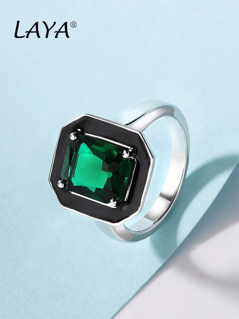 LAYA 925 Sterling Silver Fashion Mood Ring Synthetic Green Crystal Black Enamel Square Ring For Women's Wedding Luxury Jewelry