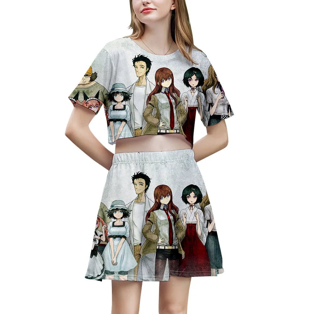 Anime Steins Gate 3D Print Summer Two Piece Set Women Crop Top and Skirt Outfits Makise Kurisu Okabe Rintarou Cosplay Costume