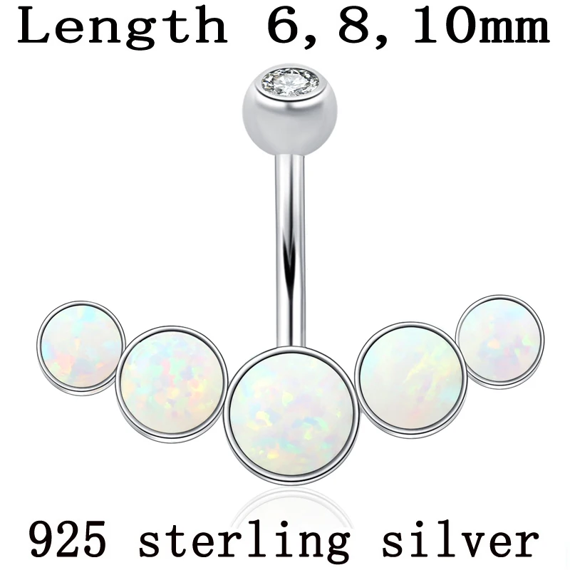 925 sterling silver belly button ring white opal stones body jewelry women S925 6 8 10 mm pin length no allergic  navel piercing