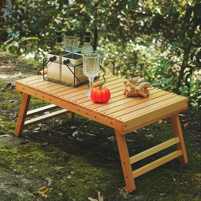 Camping Folding Table Solid Beech Wood Spaced Desktop Built-In Screws Outdoor Picnic Fishing Home Room Coffee Tea Cooking Table