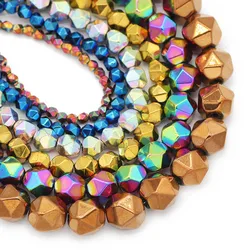 Natural Hematite Stone 3/4/6/8/10MM Blue,Gold color Faceted Round Spacer Loose Beads For Jewelry Making Bracelet DIY Findings