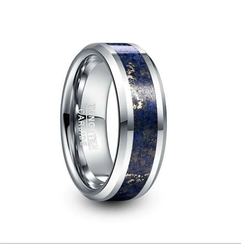 8mm Wide Tungsten Steel Men's Ring Tungsten Carbide Ring Wedding Engagement Steel Color Inlaid Lapis Punk Men Jewelry